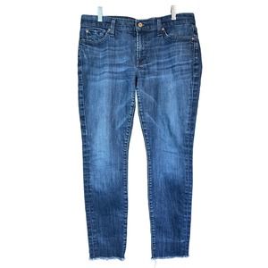 7 for All Mankind Sz 31 Mid Rise Gwenevere Jeans Raw Hem Distressed Womens Dark